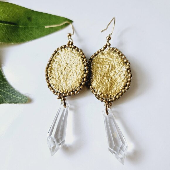 2/$27 | Gold + Crystal Shield Beaded Indigenous Hoop Earrings | Handmade - Picture 5 of 6